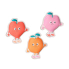 Three cartoon-style fruit characters on a white background