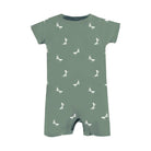 Green baby romper with white insect pattern on a white background