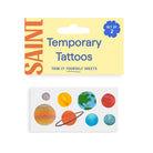 Packaged temporary tattoos with solar system designs on a white background