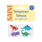 Pack of dinosaur temporary tattoos with colorful designs on a yellow card.