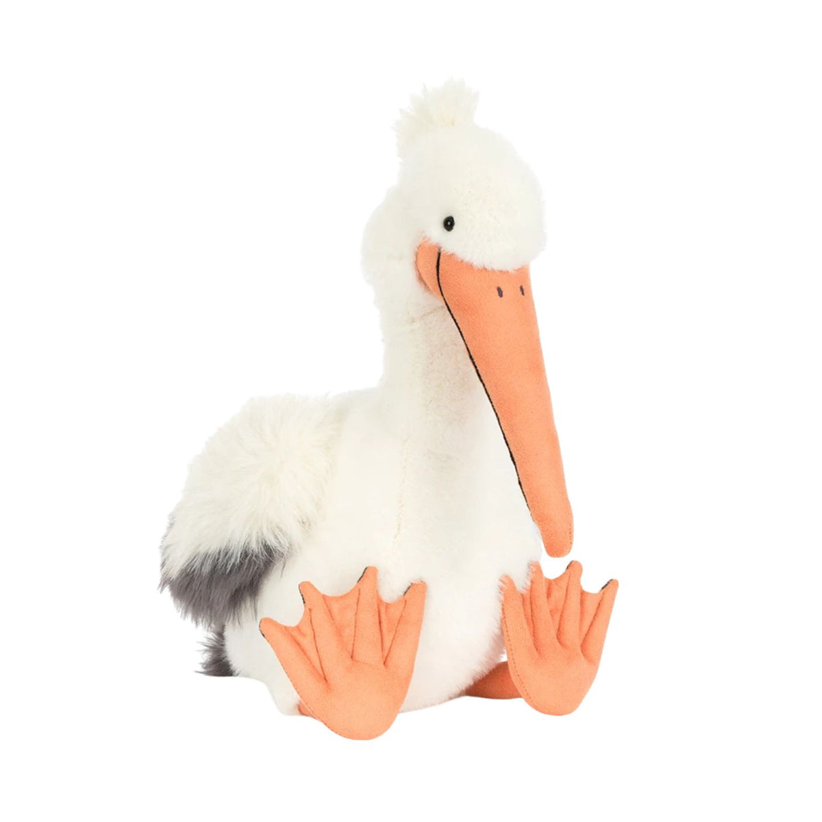 Plush pelican toy with a long orange beak on a white background