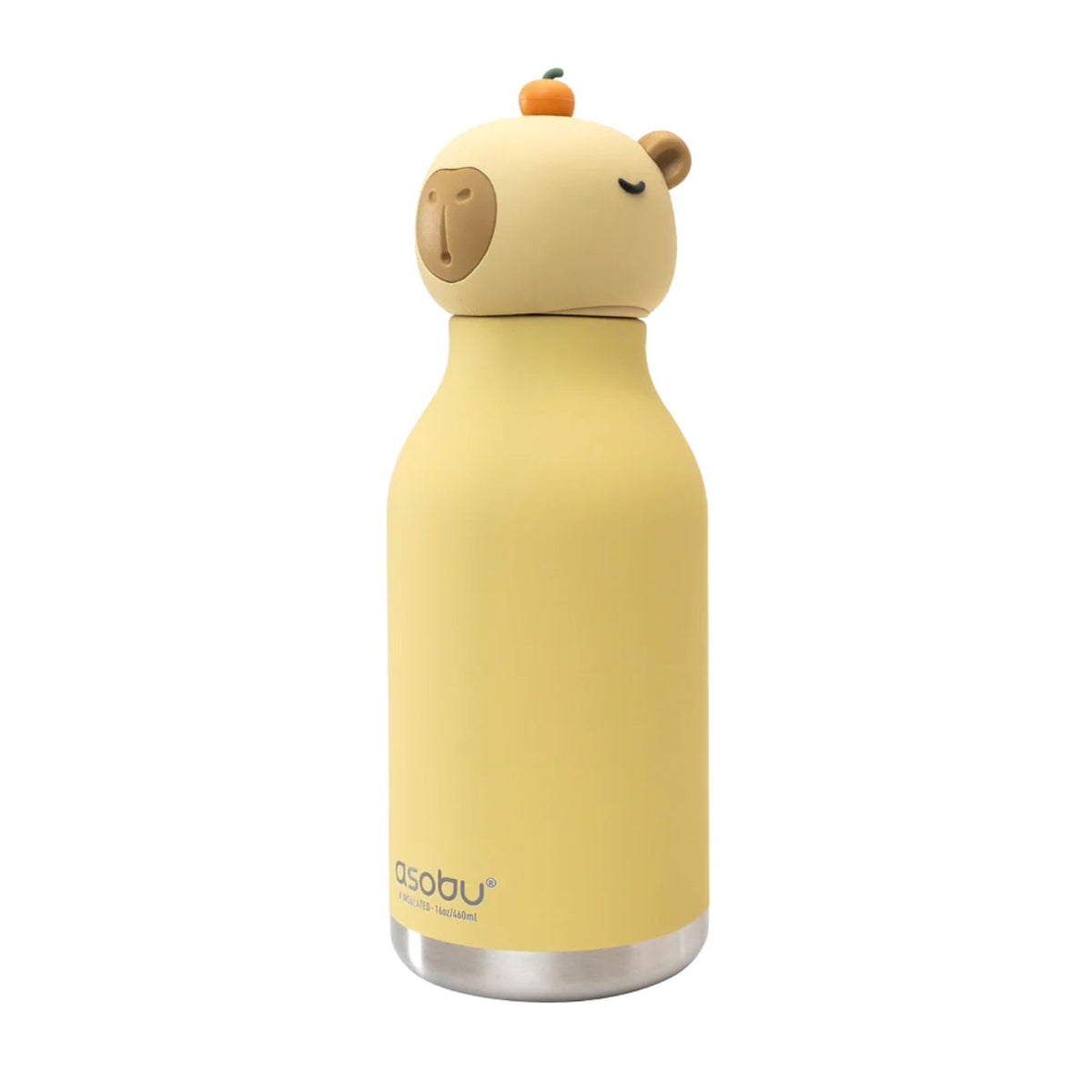 Yellow water bottle with a bear design on a white background