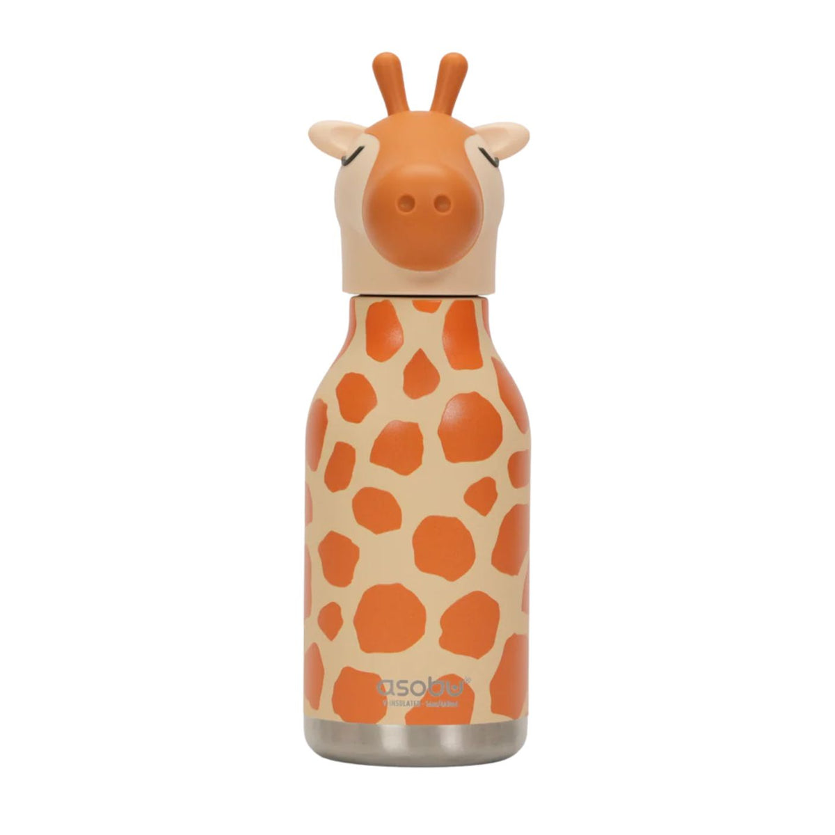A giraffe-shaped insulated water bottle with a beige body, orange spots, and a matching giraffe head lid, shown on a plain white background. The brand name 'asolo' is visible near the bottom.