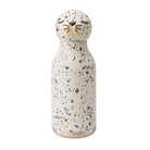 Speckled water bottle with animal face design on a white background