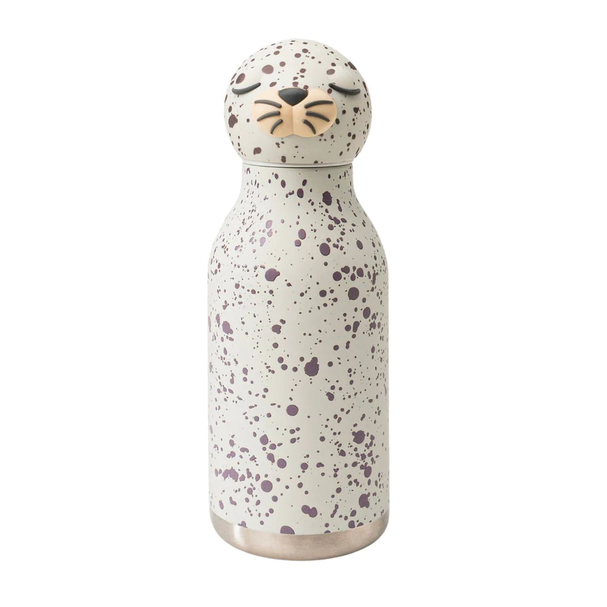 Speckled water bottle with animal face design on a white background