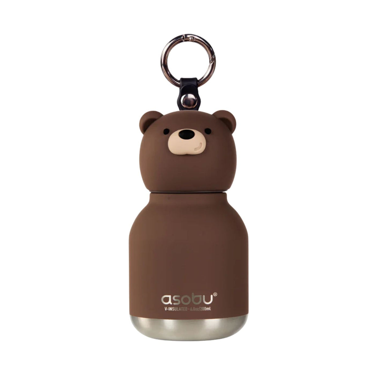 Brown bear-shaped water bottle with a keychain on a white background