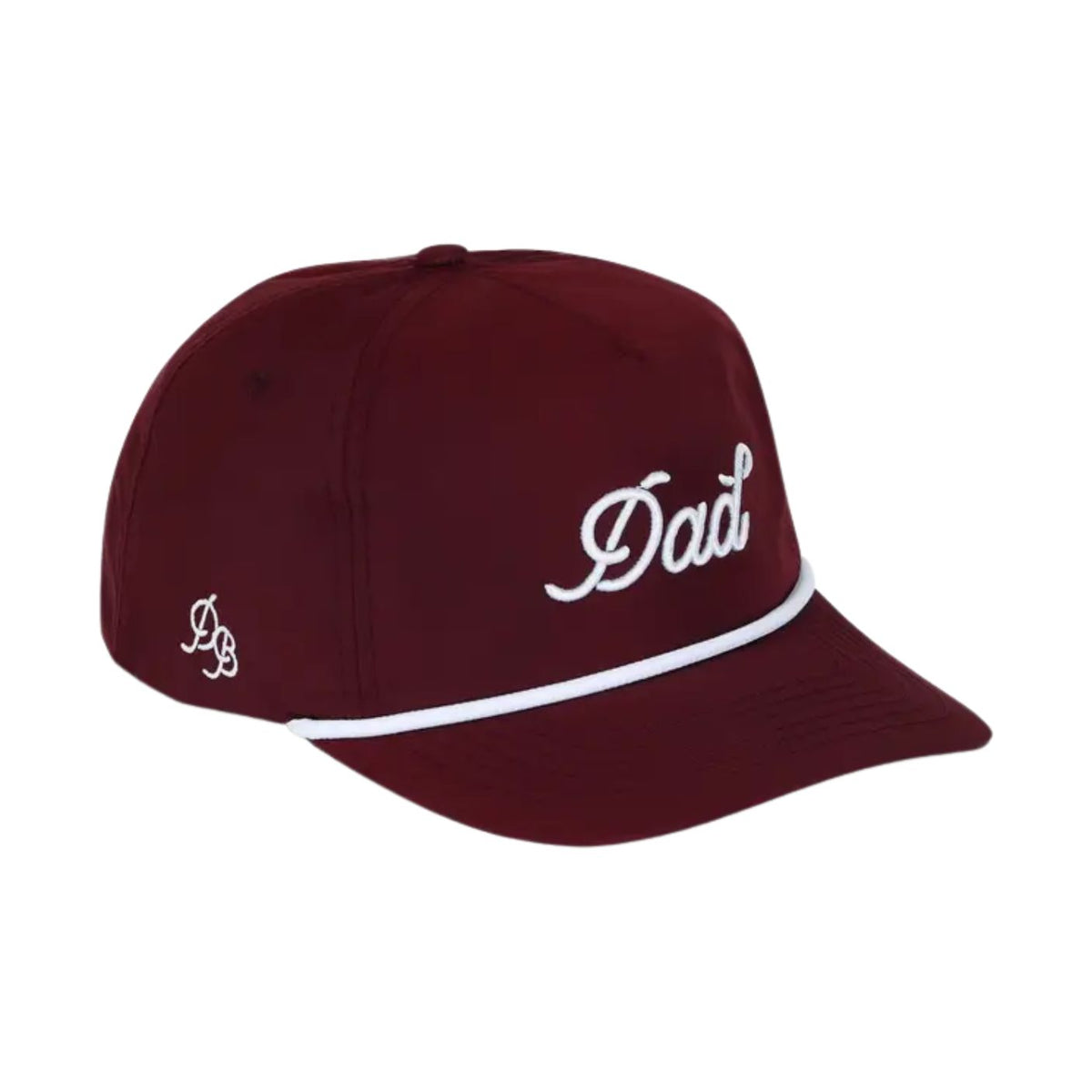 Maroon cap with 'Dad' embroidered on it against a white background