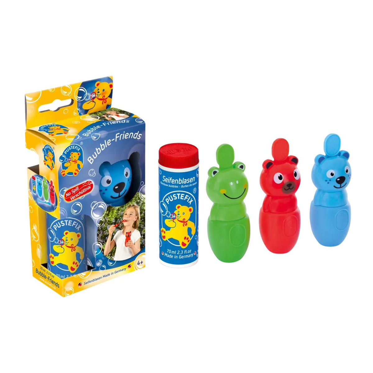 Bubble-making toys with colorful packaging on a white background