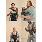 Collage of four images showing people using a baby carrier with a baby.