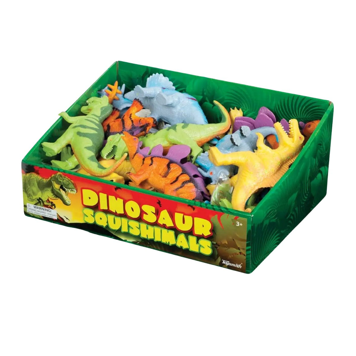 Box of Dinosaur Squishimals toys with colorful dinosaurs inside on a white background