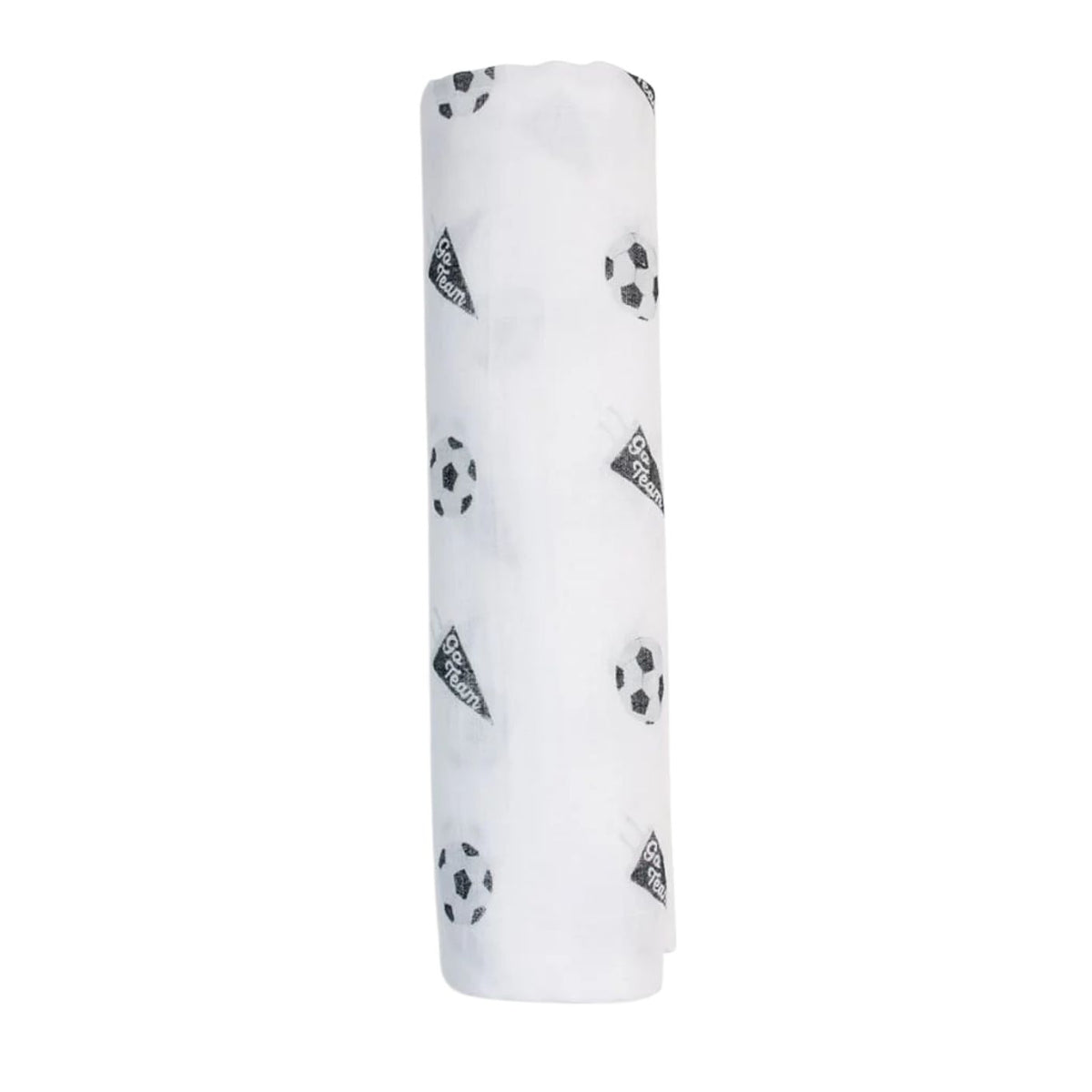 White swaddle blanket with black patterns on a white background