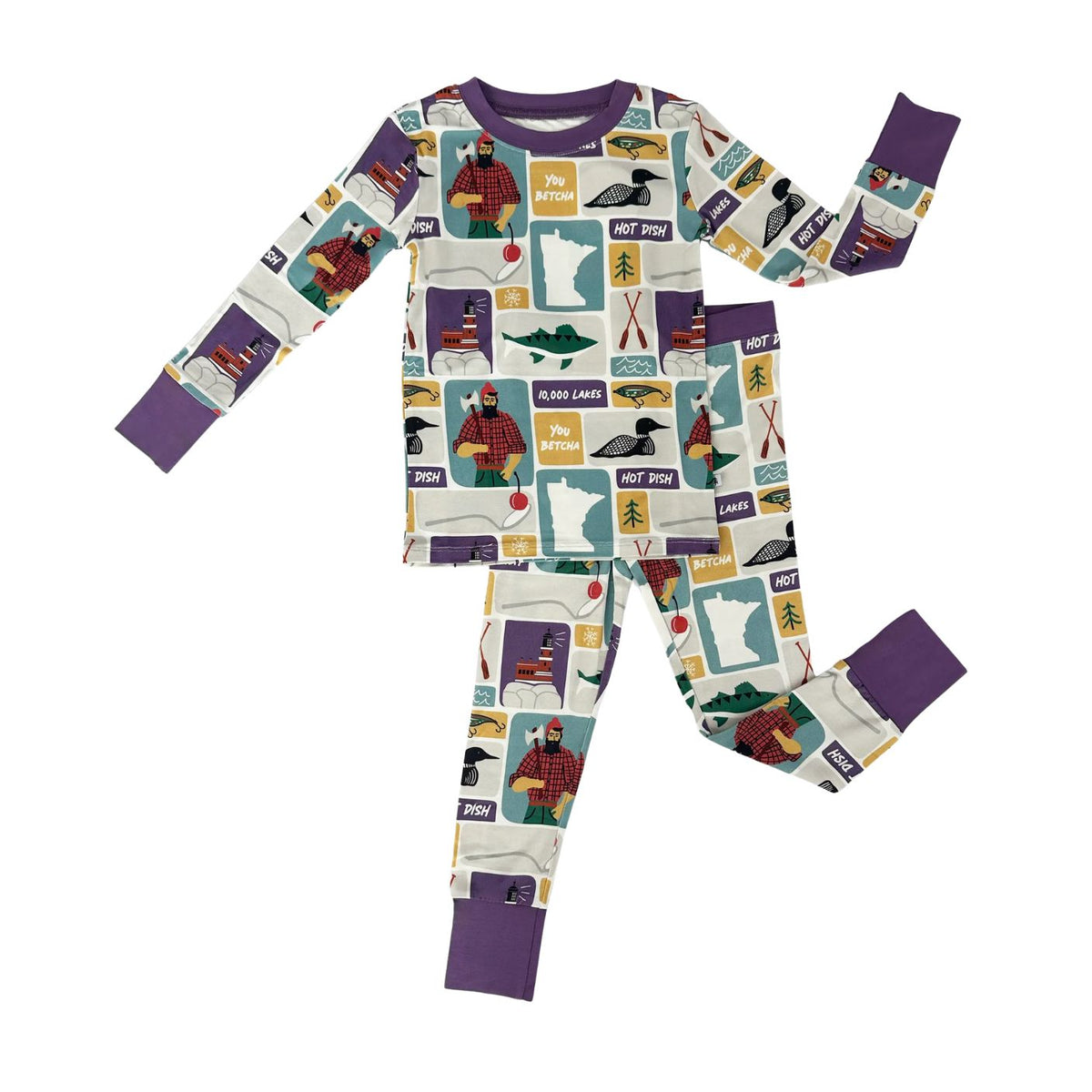 Children's pajama set with colorful pattern on a white background