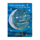 Book cover with a moon illustration and text 'Papa, please get the moon for me' on a blue background.
