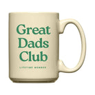 Beige mug with 'Great Dads Club Lifetime Member' text in green on a white background