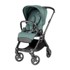 Green baby stroller with black frame on a white background