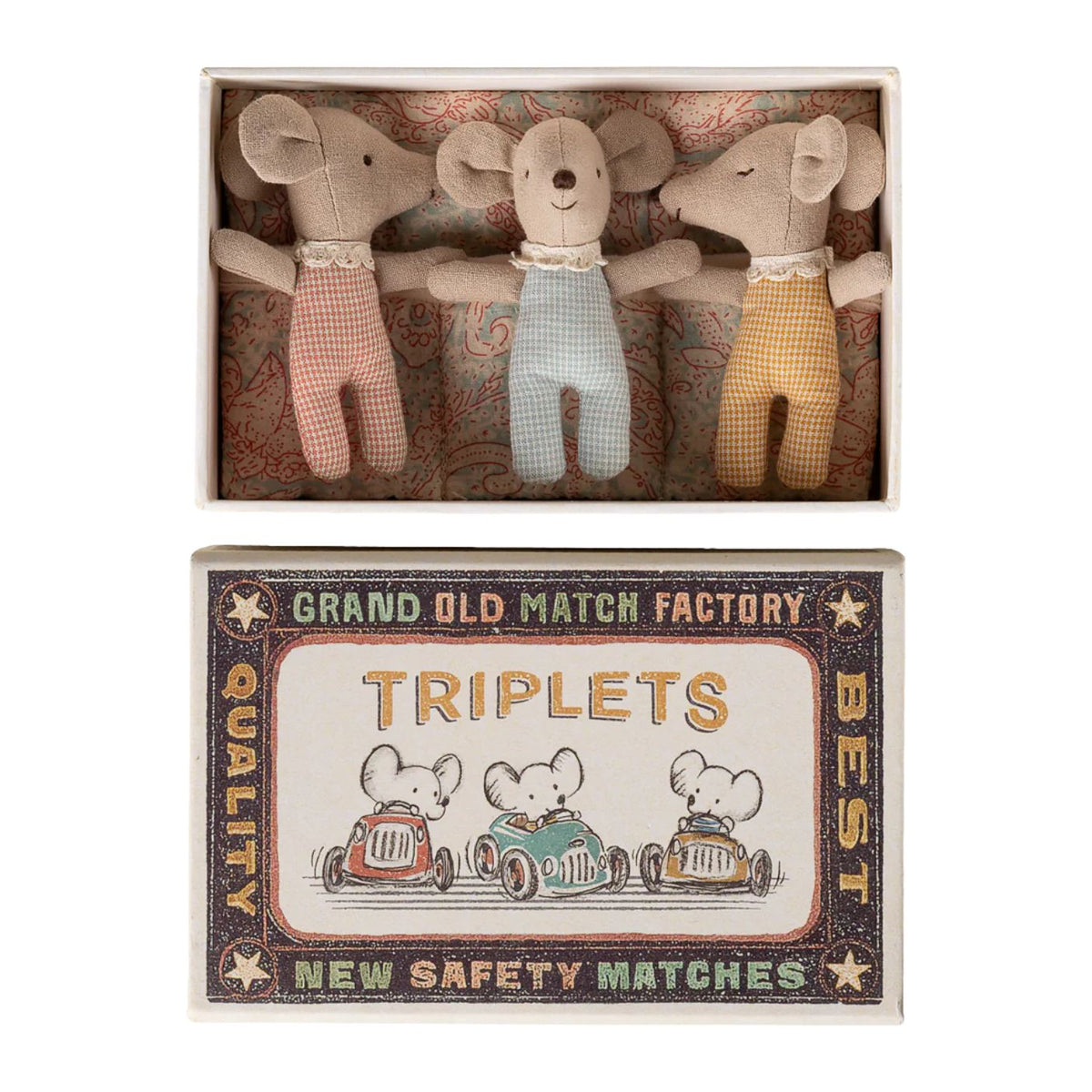 Three stuffed animal toys in a matchbox with 'Grand Old Match Factory' packaging.