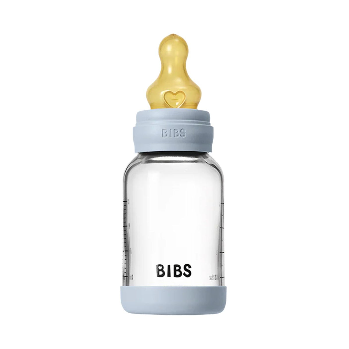 BIBS baby bottle with clear bottle and light blue cap and base on a white background