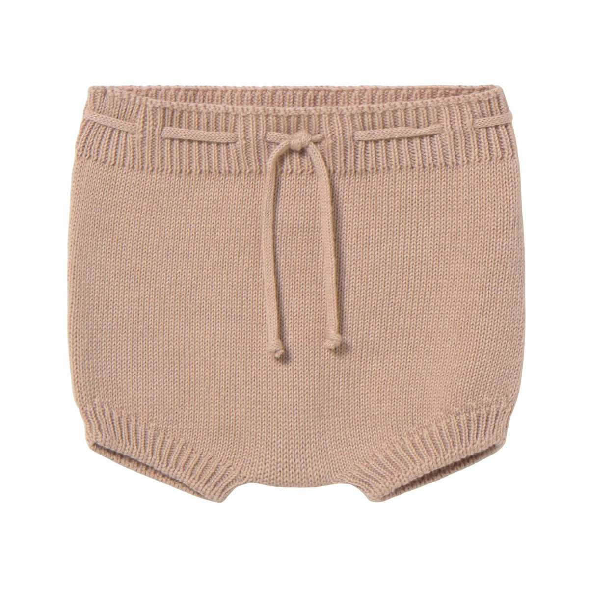 Beige knitted shorts with a drawstring on a white background
