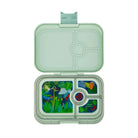 Green bento box with compartments featuring animal illustrations on a white background