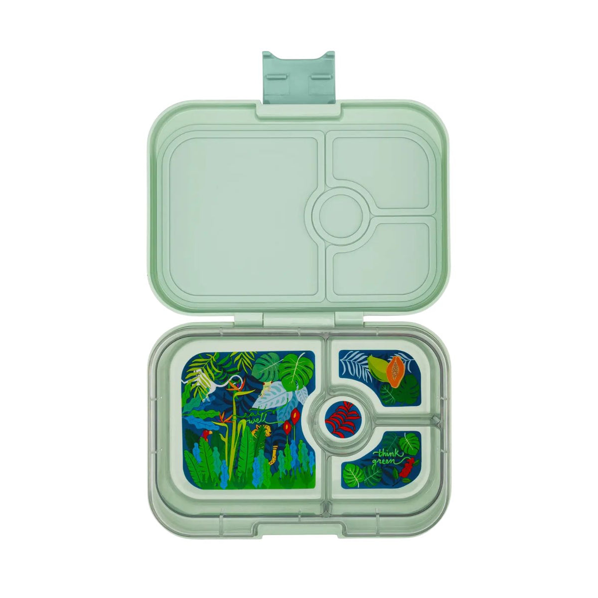 Green bento box with compartments featuring animal illustrations on a white background