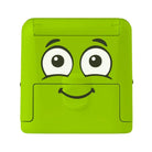 Green cartoon-style floppy disc with eyes and a mouth on a white background