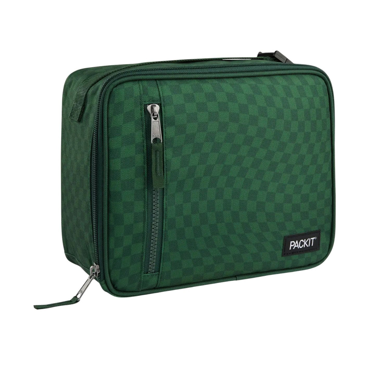 Green checkered travel pouch with 'Packit' logo on a white background