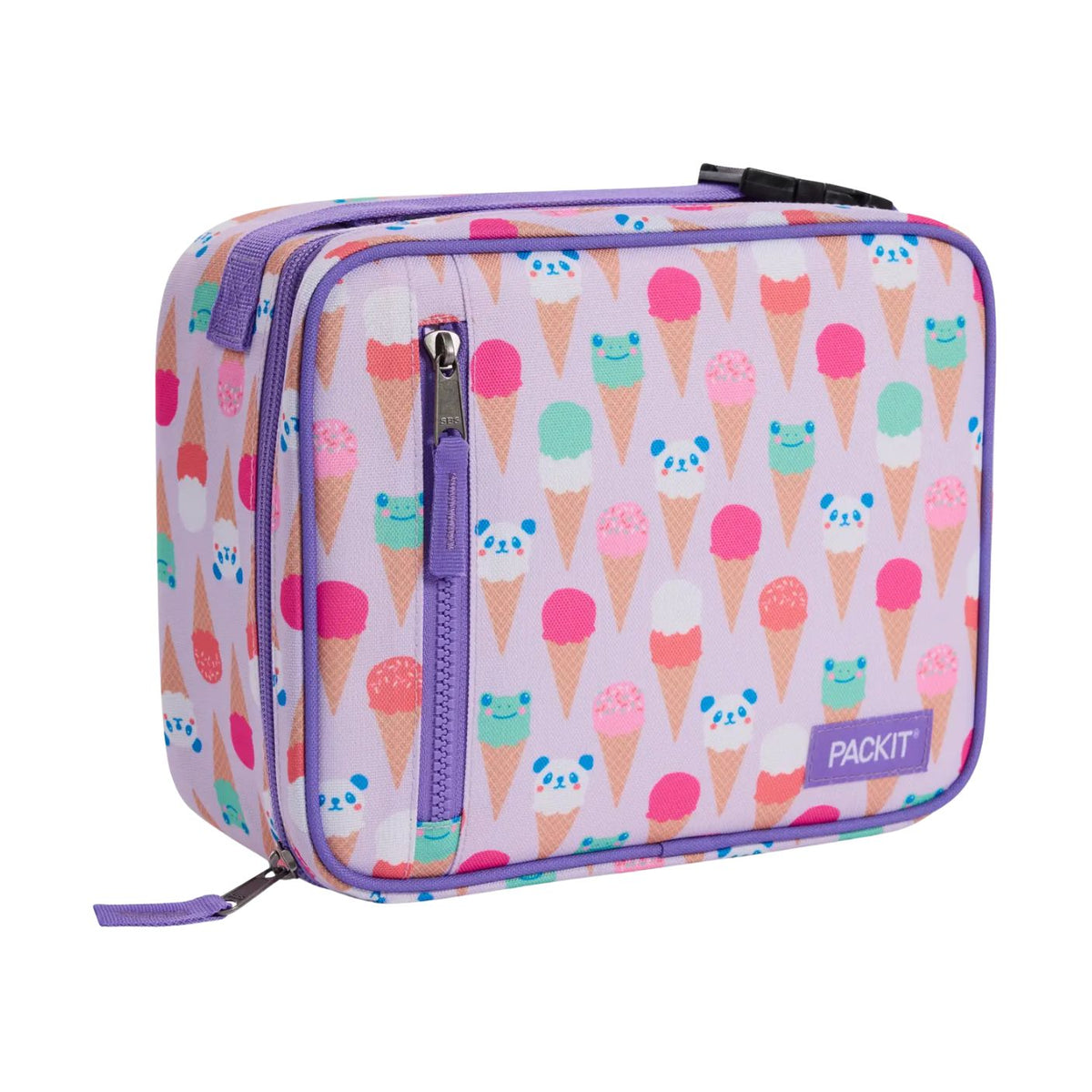 Insulated lunch bag with ice cream cone pattern on a white background