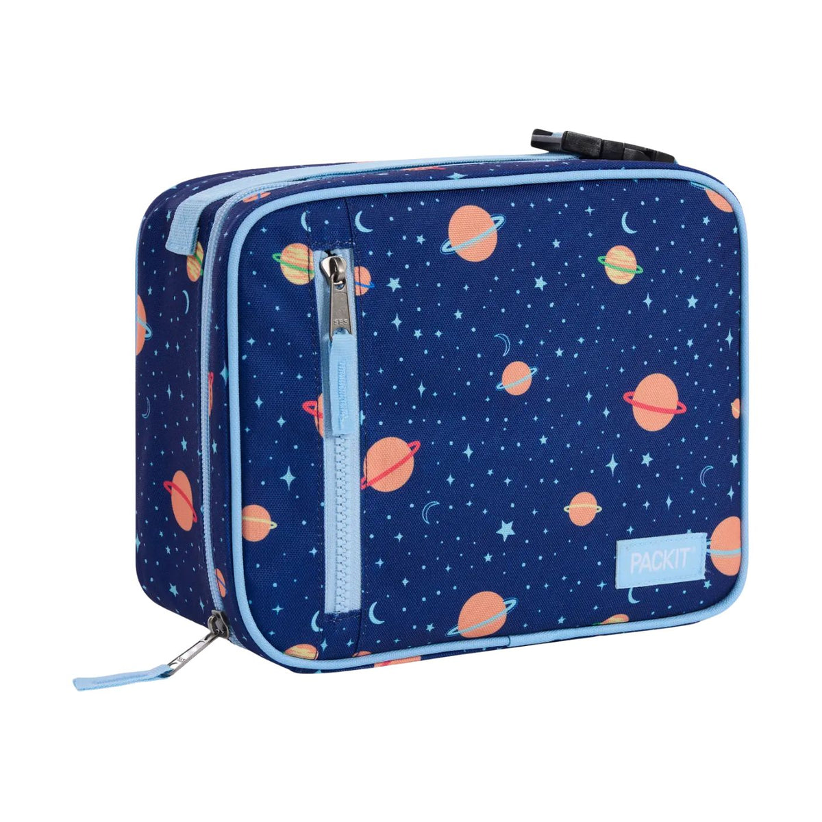 A PACKIT lunch bag with a dark blue space print featuring planets, stars, and crescent moons, with light blue trim and zippers.