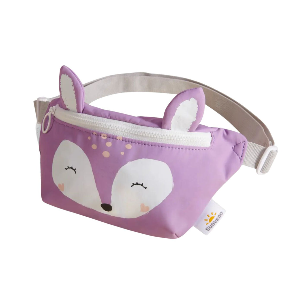 Purple fox-themed pouch with a white strap on a white background