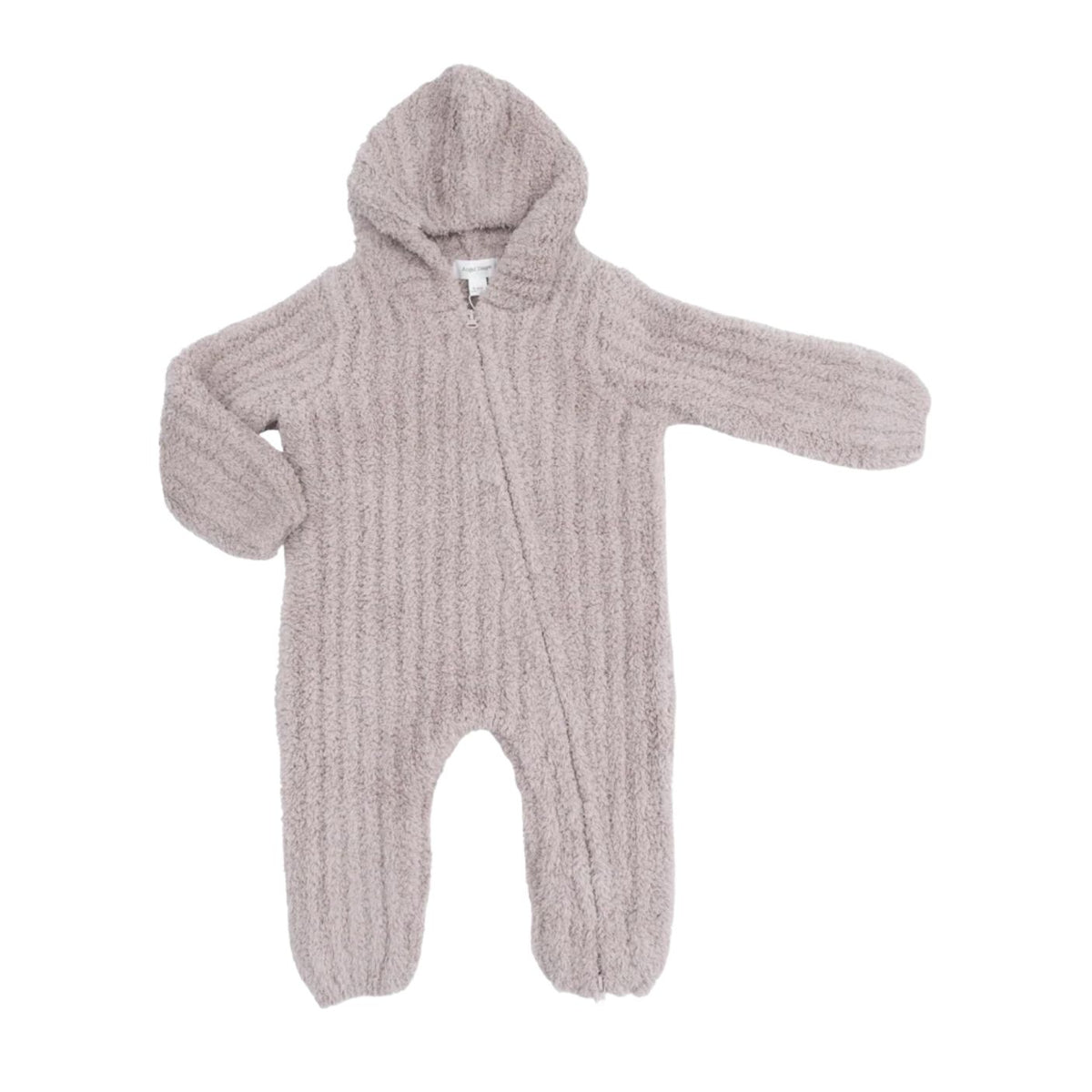 Knitted baby romper with a hood on a white background