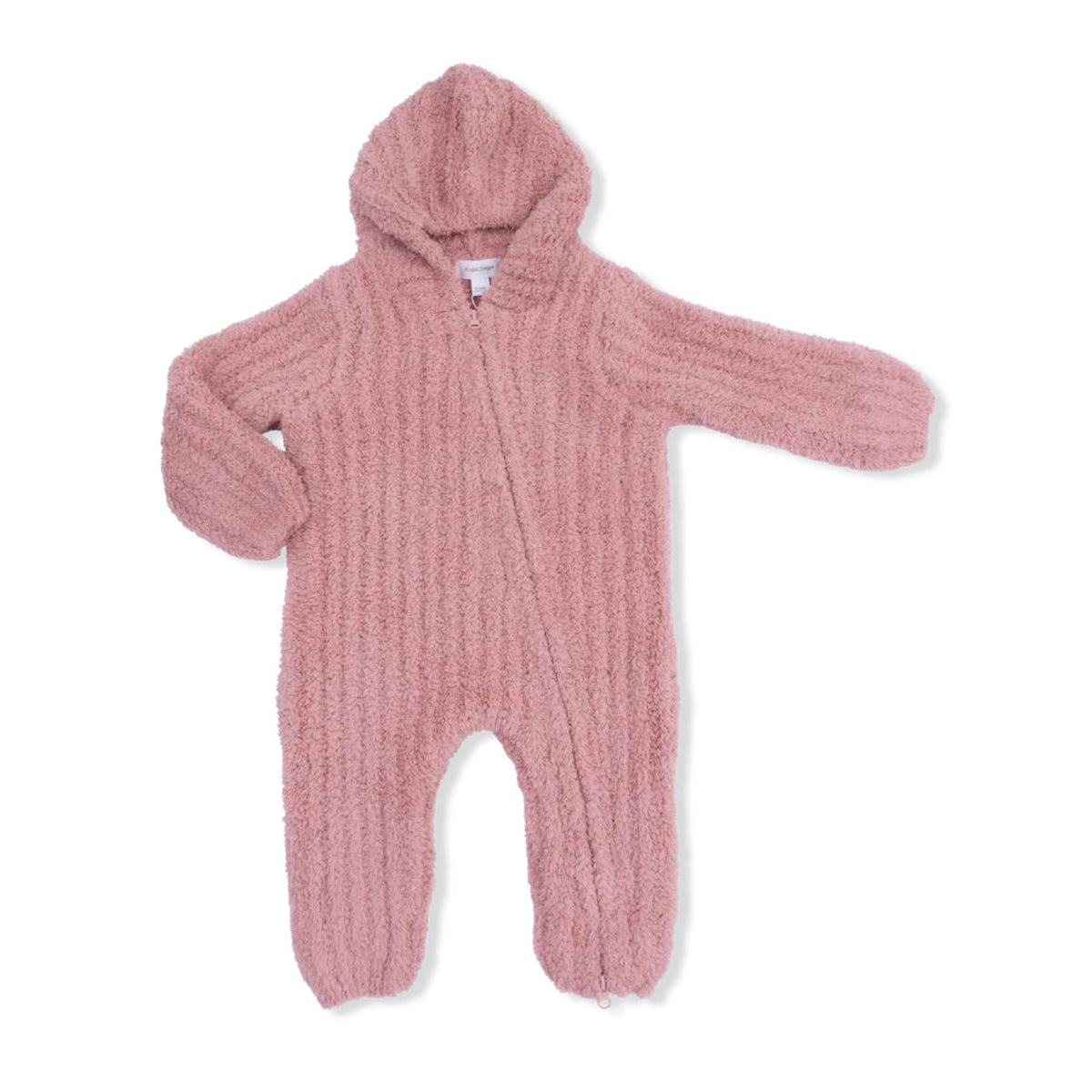 Pink knitted baby romper with a hood on a white background