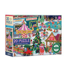 A 20-piece jigsaw puzzle box titled 'Christmas Village' by the brand 'weeko', featuring a highly detailed, colorful illustration of a festive winter village scene with people, a carousel, a decorated Christmas tree, and holiday stalls.