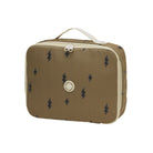 A rectangular quilted lunch bag in brown with a repeating black lightning bolt pattern and cream-colored trim, zipper, and top handle.