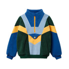 A children's color-block fleece pullover sweater with a half-zip collar, featuring geometric panels of royal blue, forest green, light blue, mustard yellow, and white on a plain white background.