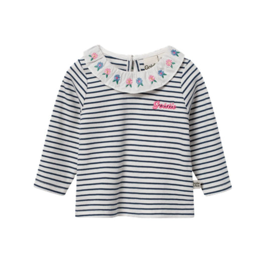 Ruffle Collar Blue Stripe Rib Top by Goldie + Ace