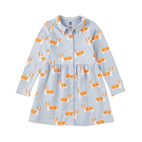 Collared Long Sleeve Shirtdress - Cutie Corgis by Tea Collection