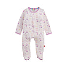 A baby footed sleeper with long sleeves and an all-over cute food and drink pattern on a white background, featuring purple trim and a colorful striped inner collar.