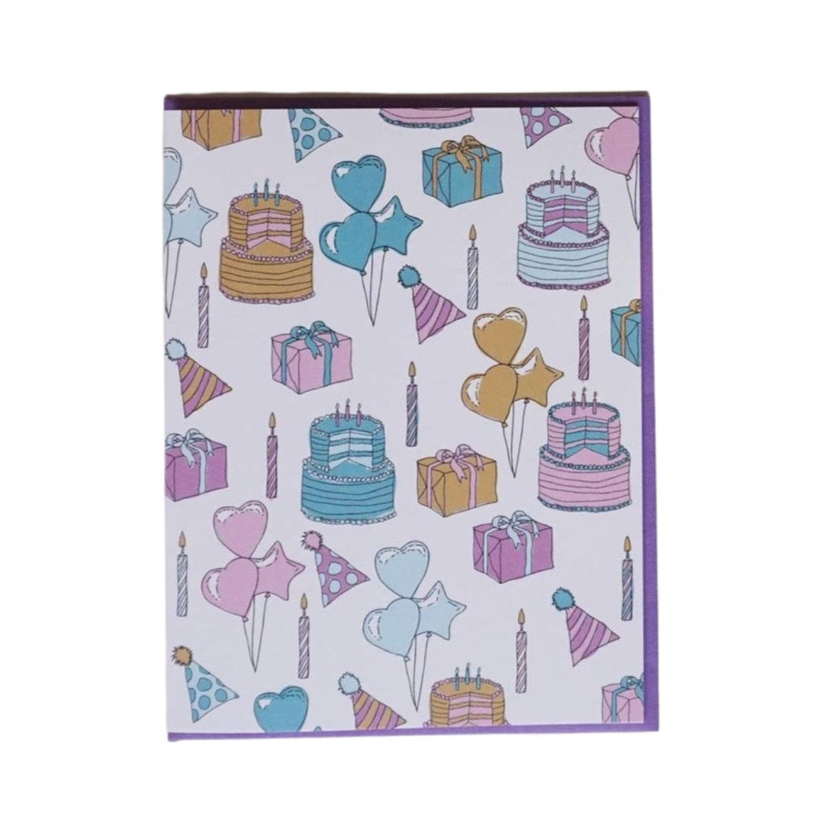 A square birthday-themed paper napkin or card featuring a pastel multicolor pattern of cakes, balloons, gifts, candles, and party hats on a white background