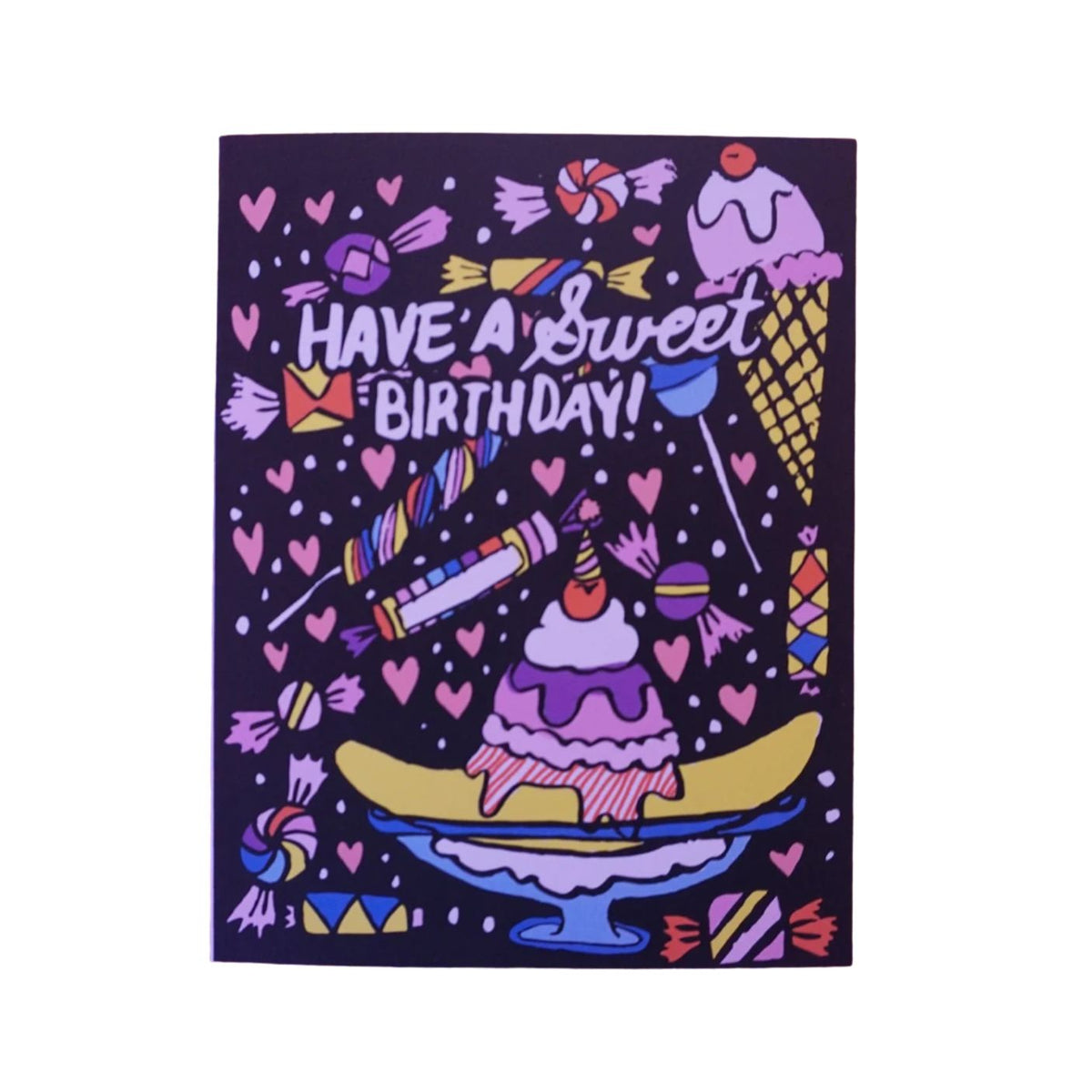 A square greeting card featuring a colorful cartoon illustration with the text 'HAVE A Sweet BIRTHDAY!' on a dark purple background, surrounded by candy, hearts, and dessert motifs.