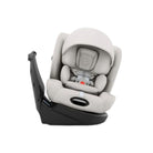 A light gray and black infant car seat with a matching headrest cover, shown from a three-quarter angle on a solid white background.