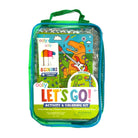 Ooly Let's Go Activity & Coloring Kit in a clear zippered carrying case with a green handle. The front shows colorful dinosaur-themed packaging artwork and text, including '8 colors' and '40 peg activities.