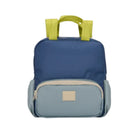 A small backpack in navy blue with a light blue front pocket and lime green top handles, shown against a plain white background.