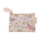 A small floral print zip pouch with a pink pull tab and a pink embroidered heart on the front, shown on a plain white background.