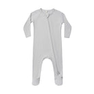 A light gray long-sleeve baby footed sleeper with a front zipper, shown flat against a white background.
