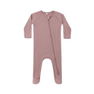 A dusty rose pink baby footed sleeper with long sleeves, a front zipper, and raglan sleeves, shown flat on a white background.