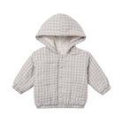 A light gray and white plaid hooded puffer jacket with button closures and elastic cuffs, shown against a plain white background.