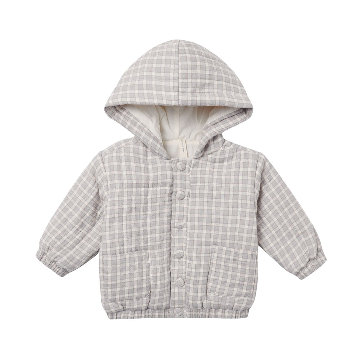 A light gray and white plaid hooded puffer jacket with button closures and elastic cuffs, shown against a plain white background.