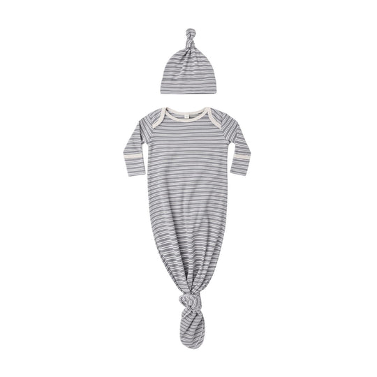 Knotted Baby Gown + Hat Set - Slate Microstripe by Quincy Mae