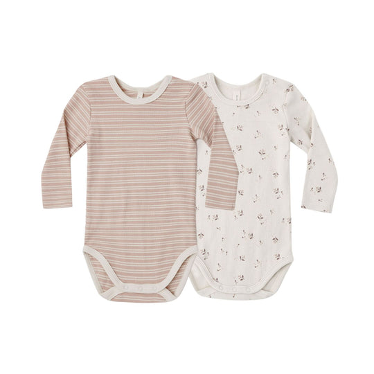 Ribbed Bodysuit 2 Pack - Rose Microstripe, Fall Ditsy by Quincy Mae