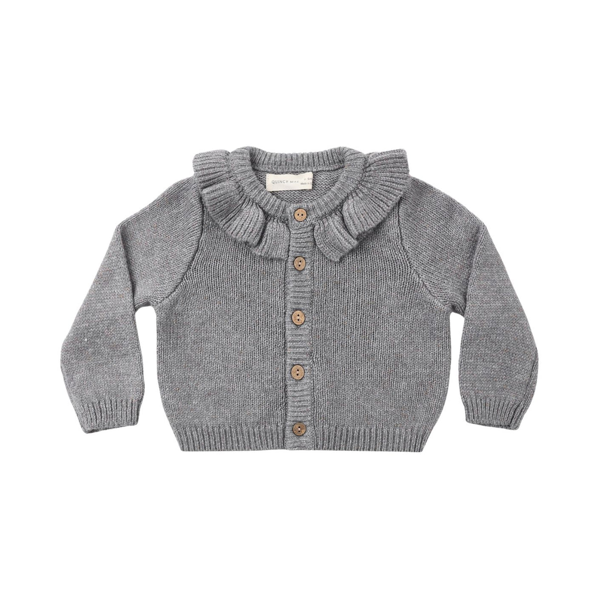 A gray knit baby cardigan sweater with a ruffled Peter Pan collar and brown wooden buttons, laid flat on a white background.